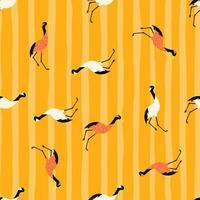 Abstract random seamless pattern with doodle crane birs elements. Yellow striped background. Bight palette. vector