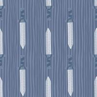 Middle ages seamless doodle pattern with sword ornament. Warrior sharp ornament on blue striped background. vector