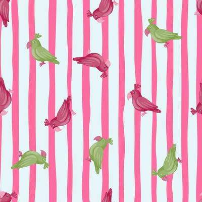 Hand drawn zoo exotic seamless pattern with random purple and green parrots shapes. Striped background.