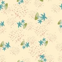 Hawaiian seamless pattern with blue random island and palm tree print. Light pink background with splashes. vector