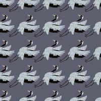 Seamless japanese pattern with light crane bird shapes. Dark grey background. Doodle simple design. vector