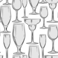 Hand drawn bar glassware seamless pattern. Engraving style. vector