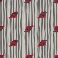 Dark brown fish with red details seamless pattern. Stripped monochrome background with black and white lines. vector