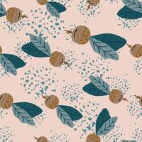 Random seamless hand drawn radish elements pattern. Dark turquoise leaves and beige vegetable shapes on pink background with splashes. vector