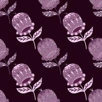 Dark nature seamless ethno pattern with hand drawn folk flower bud shapes. Purple and maroon palette. vector