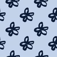Seamless pattern with navy blue brushed daisy flowers. Pastel light blue background. Grunge simple backdrop. vector