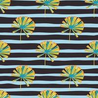 Blossom nature seamless pattern with yellow and blue colored palm licuala print. Striped background. vector