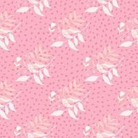 Tender floral seamless doodle pattern with foliage bouquets. Forest branches in white color on pink dotted background. vector