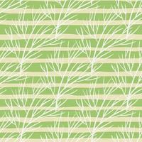White contoured minimalistic tree branches silhouettes seamless pattern. Light green striped background. vector