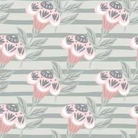 Bloom seamless pattern with hand drawn folk flowers elements. Blue light striped background. vector