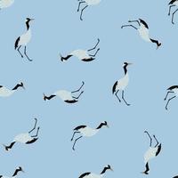 Hand drawn animal seamless pattern with random abstract crane birs print. Blue background. Simple design. vector