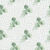 Naive light seamless pattern with pale green abstract floral bouquet. White background with dots. vector