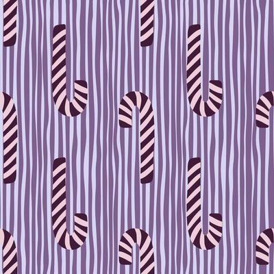 Purple and pink colored xmas lollipops seamless pattern. Doodle tasty sweet elements on blue striped background.