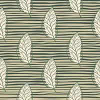 Pale seamless patten with leaf silhouettes. Contoured outline foliage forms on stripped background. Pstel palette artwork. vector
