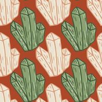 Outline seamless doodle pattern with crystal ornament. Orange and green minerals. vector