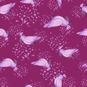 Decorative seamless pattern with random parrots shapes. Purple background with splashes. Doodle artwork. vector