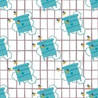 Hand drawn honey style seamless pattern. Blue beehives print with bees and honeycombs on chequered background. vector