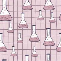 Random seamless chemistry pattern with glass bulb silhouettes. Simple flask print on chequered background. Lilac palette artwork. vector