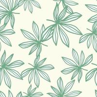 Random green contoured marijuana leaves seamless pattern. Light background. Simple hand drawn print. vector