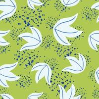 Random abstract seamless pattern with white doodle leaves bush print. Green background with splashes. vector