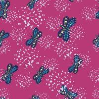 Doodle seamless pattern with random hand drawn blue butterfly folk elements. Pink background with splashes. vector