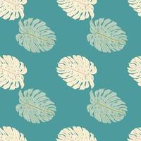 Tropical palm foliage seamless pattern with doodle pink monstera leaf shapes. Turquoise background. vector