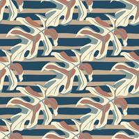 Seamless tropical pattern with light and beige monstera leafs. Beige and navy blue stripped background. vector