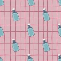 Seamless patern with apothecary medical bottles silhouettes. Blue ornament on pink chequered background. vector