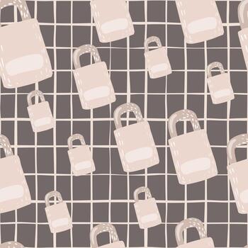 Seamless random pattern with light lock door ornament. Grey chequered background. Vintage secret backdrop. vector