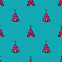 Hand drawn teepee seamless pattern on green background. Tribal wallpaper. vector