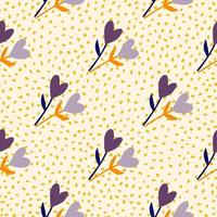 Flower hearts simple doodle seamless pattern. Light yellow background with dots. Diagonal floral ornament in blue colors.