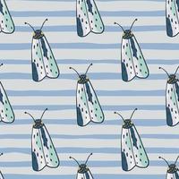 Hand drawn moles figures seamless doodle pattern. Blue stripped background. Insect stylized print. vector