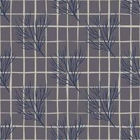 Decorative seamless pattern with hand drawn navy blue tree branches print. Grey background with check. vector