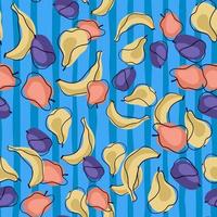 Hand drawn seamless pattern with abstract bananas, apples, pears and plums shapes. Blue striped background. vector