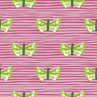 Green folk butterfly seamless pattern in hand drawn style. Pink striped background. Decorative backdrop. vector