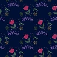 Seamless pattern with folk motif on black background. Cute little flowers wallpaper in vintage style. vector