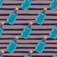 Blue bottle with oils seamless pattern. Healthy medical backdrop with striped dark tones background. vector