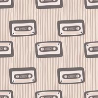 Pale seamless stylized pattern with grey cassette print. Doodle music ornament on stripped background. vector