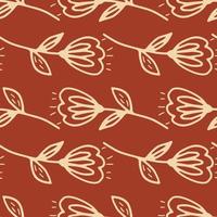 Botanic seamless pattern with outline flowers on red background. vector