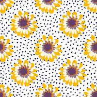 Sunny flowers in white, yellow, purple colors. White background with dots on botanic seamless pattern. vector