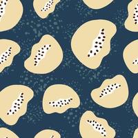 Random beige abstract kids figures seamless doodle pattern. Navy blue background with splashes. vector