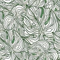 Seamless pattern with doodle outline monstera leaves ornament. White foliage palm elements. Nature print. vector