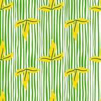 Bright floral seamless pattern with yellow simple leaf silhouettes print. Green striped background. vector