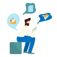 Concept man use smartphone. Send e-mail. Bearded man sitting and holding mobile phone. vector