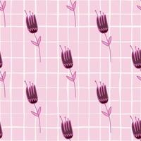 Botanic purple outline tulips seamless pattern. Light pastel pink chequered background with bright contoured elements. vector