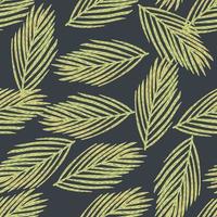 Random seamless pattern with hand drawn new year yellow fir branches ornament. Navy blue background. vector