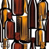 Beer bottles seamless pattern. Engraving style. Hand drawn vector