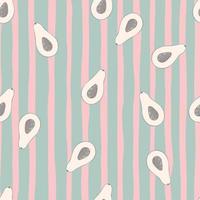 Pastel palette seamless organic pattern with simple avocado half sapes. Random located light fruits on background with pink strips. vector