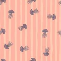 Seamless random pattern with light purple jellyfishes. Pink stripped background. Ocean design print. vector