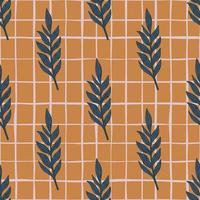 Navy blue leaves branches ornament seamless doodle pattern. Orange background with check. vector